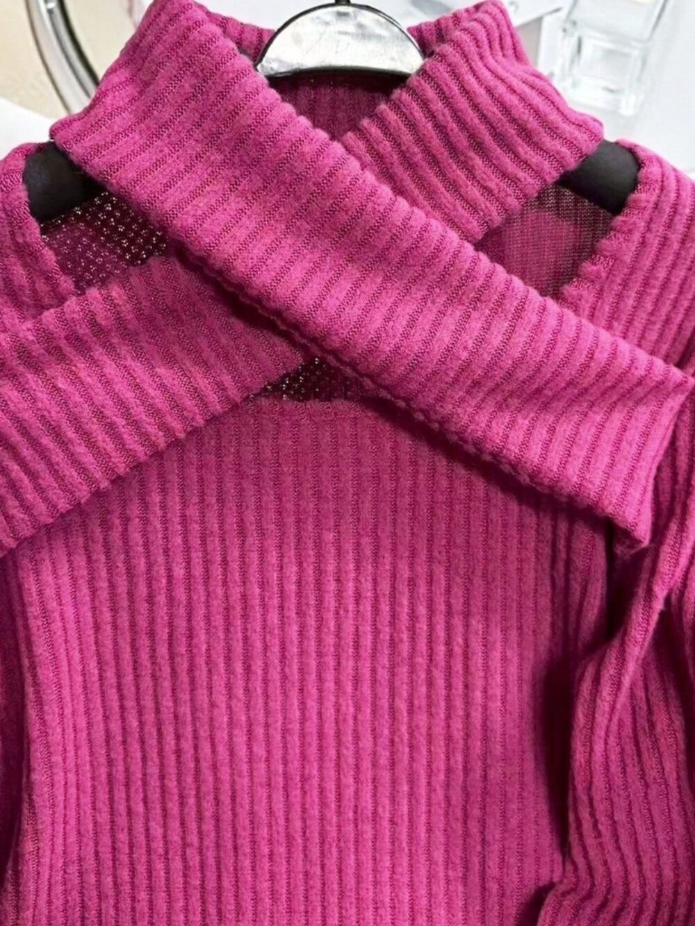 Hot Pink Casual Women's Long Sleeve Ribbed Knit Top - Picture 4 of 4
